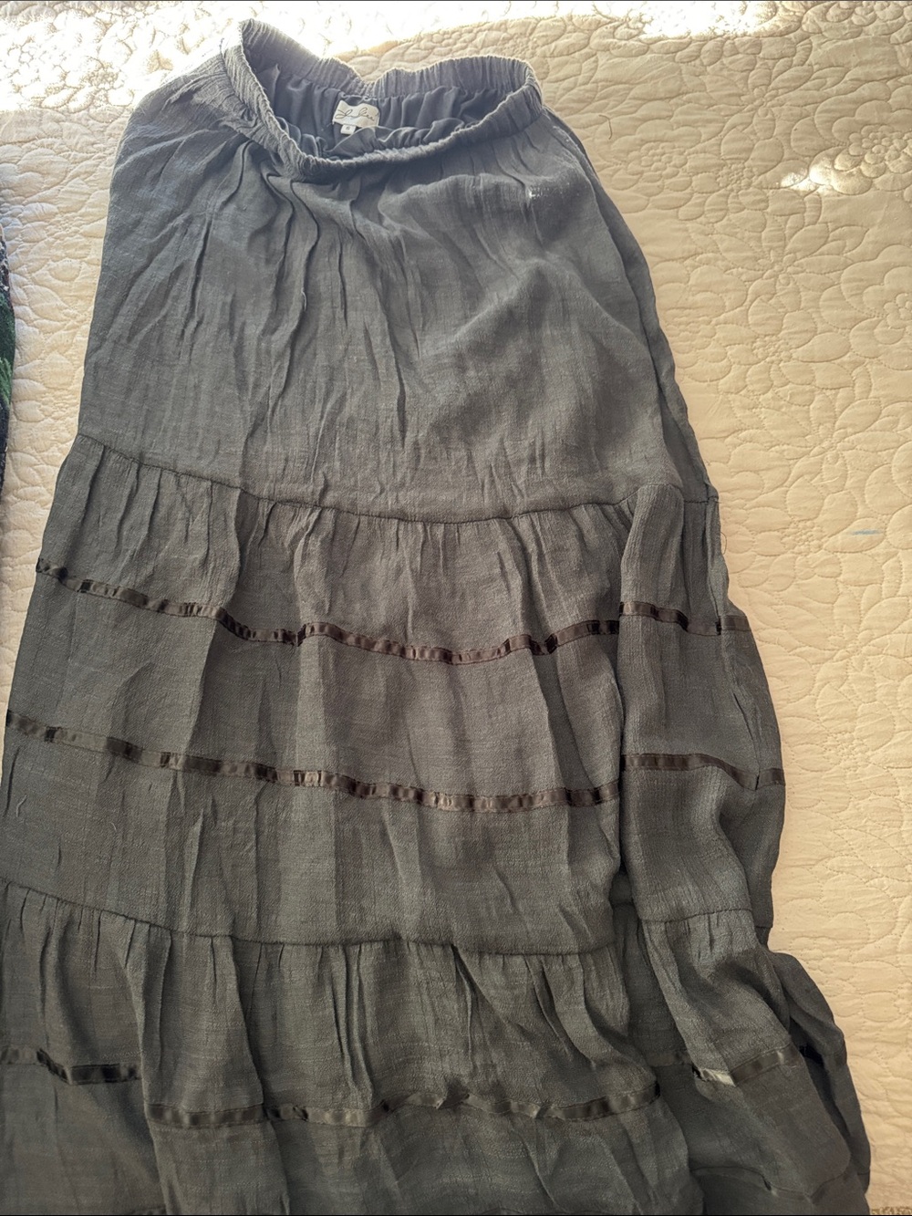 Tiered Maxi Skirt in Slate Gray with Ribbon Accents